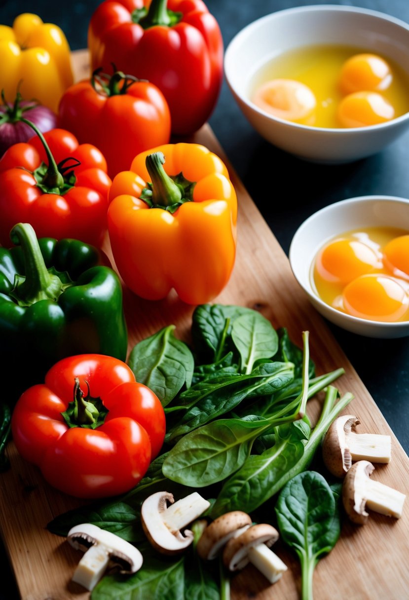 A colorful array of fresh vegetables, such as bell peppers, tomatoes, spinach, and mushrooms, are neatly arranged on a cutting board next to a bowl of beaten eggs