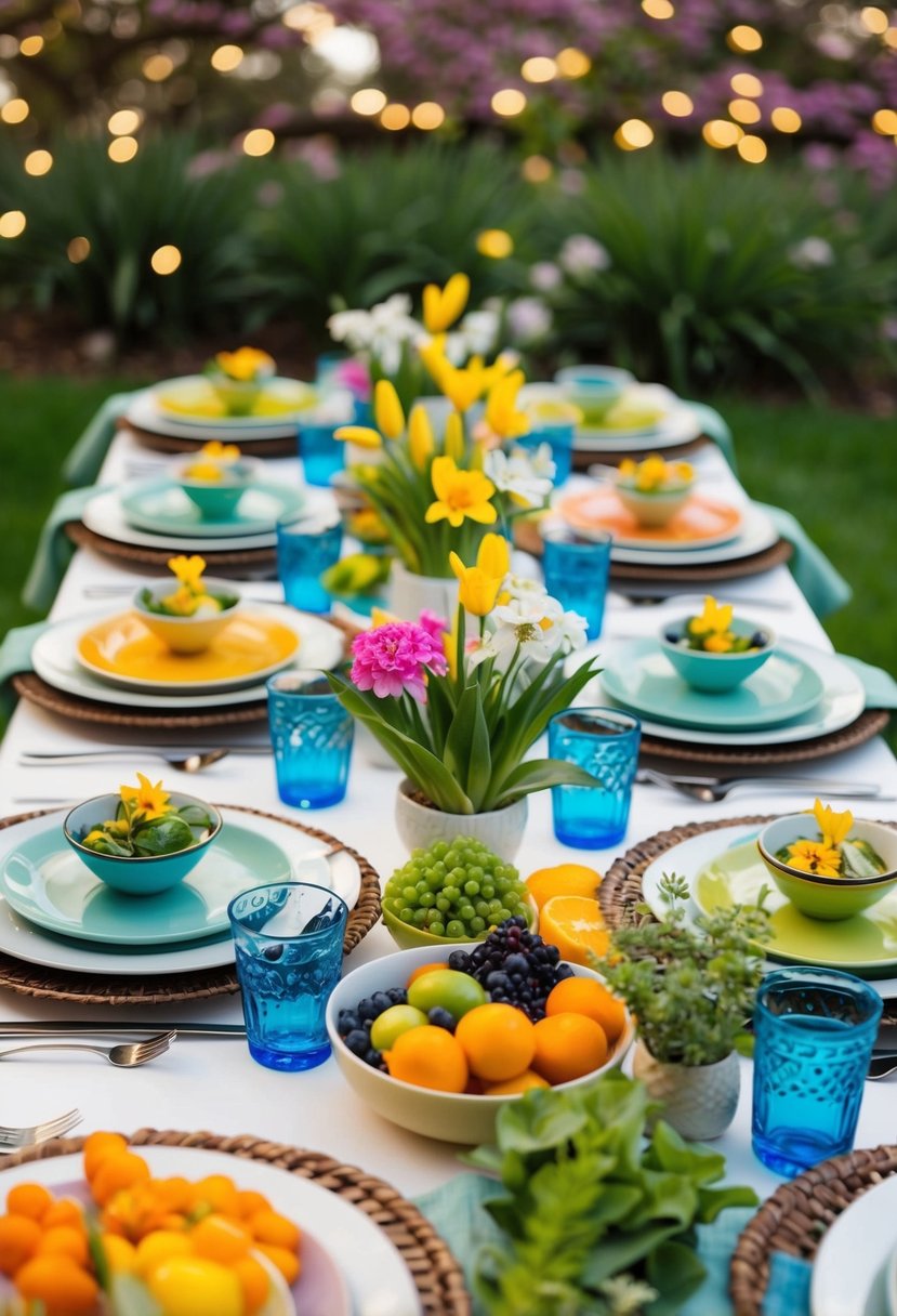 A table set with fresh spring produce, flowers, and colorful dishes for an Ostara celebration