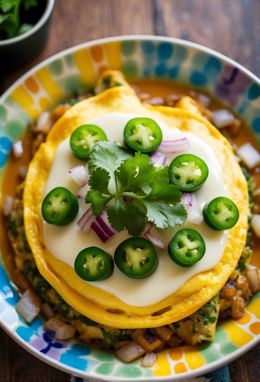 A sizzling omelette with diced jalapeños, onions, and melted cheese, garnished with fresh cilantro and served on a colorful plate