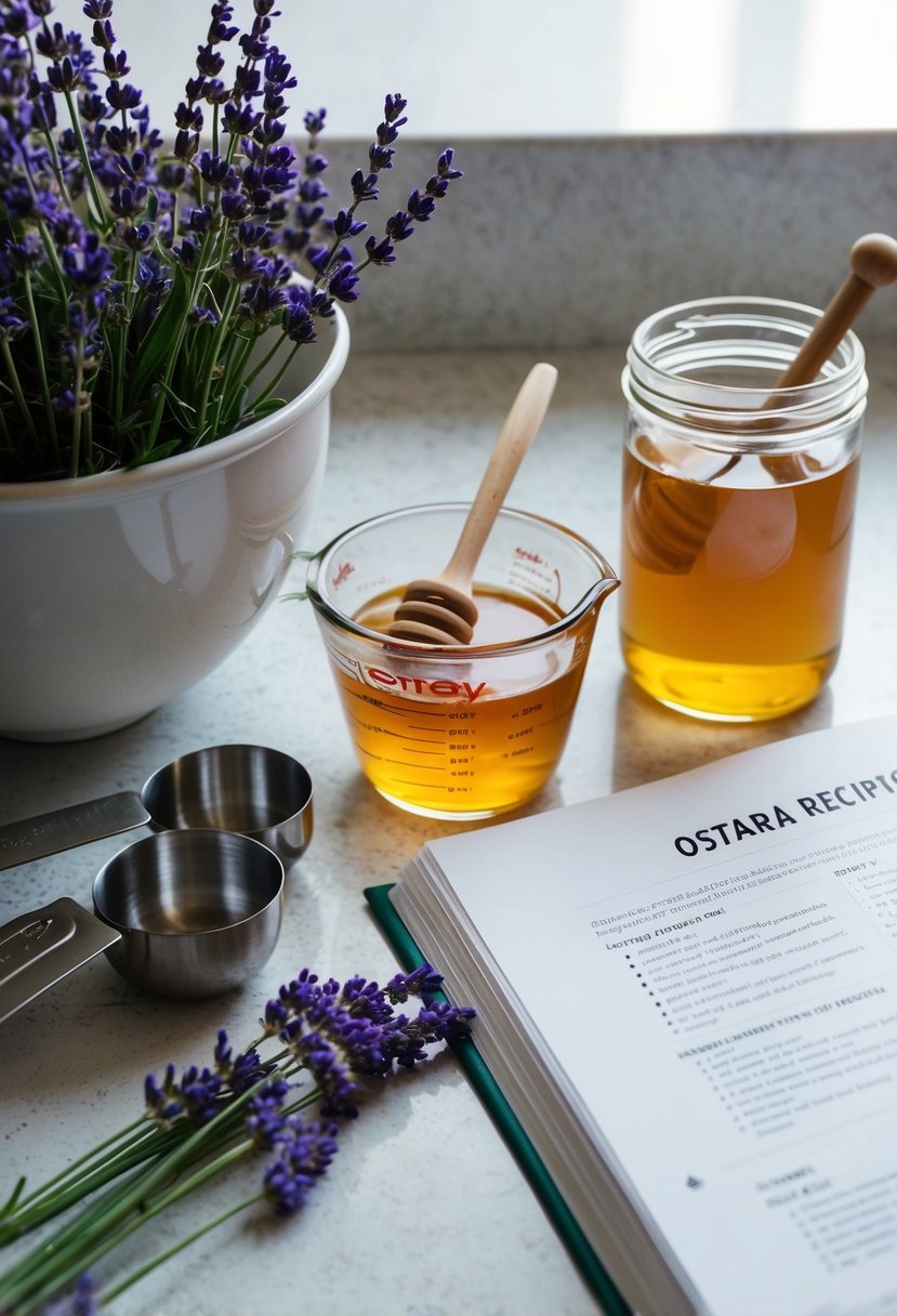 A kitchen counter with a mixing bowl, measuring cups, and a jar of lavender honey, surrounded by fresh lavender flowers and a recipe book open to a page titled "Ostara Recipes."