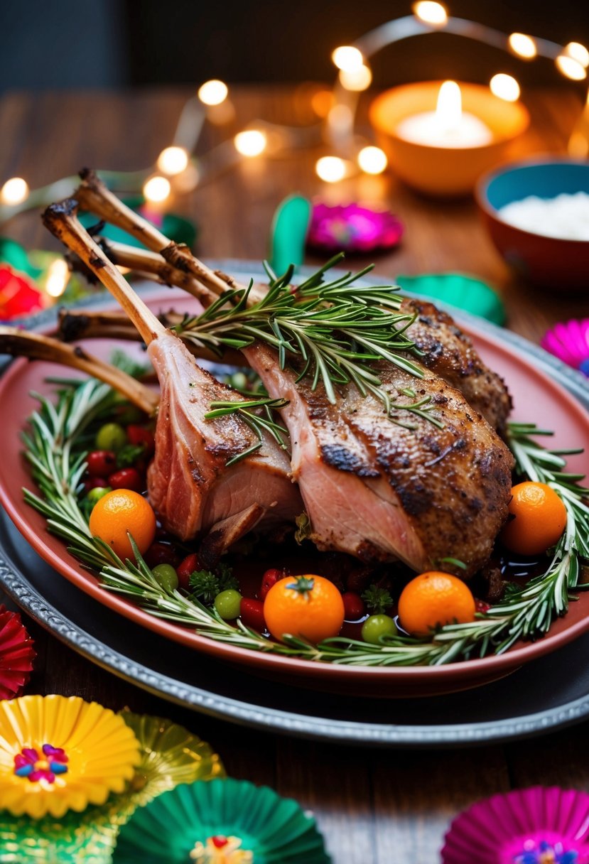 A platter of rosemary roasted lamb surrounded by colorful ostara decorations