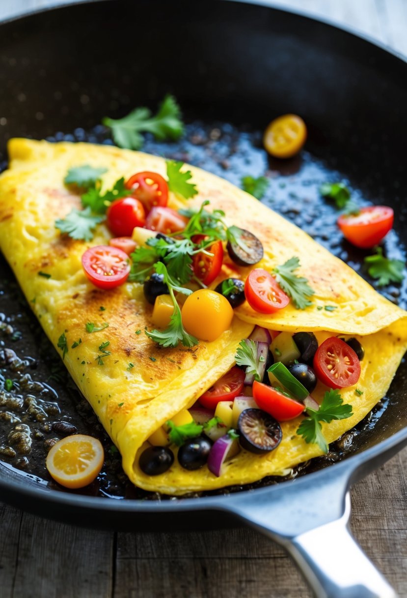 A sizzling omelette filled with colorful Mediterranean ingredients cooking in a hot skillet