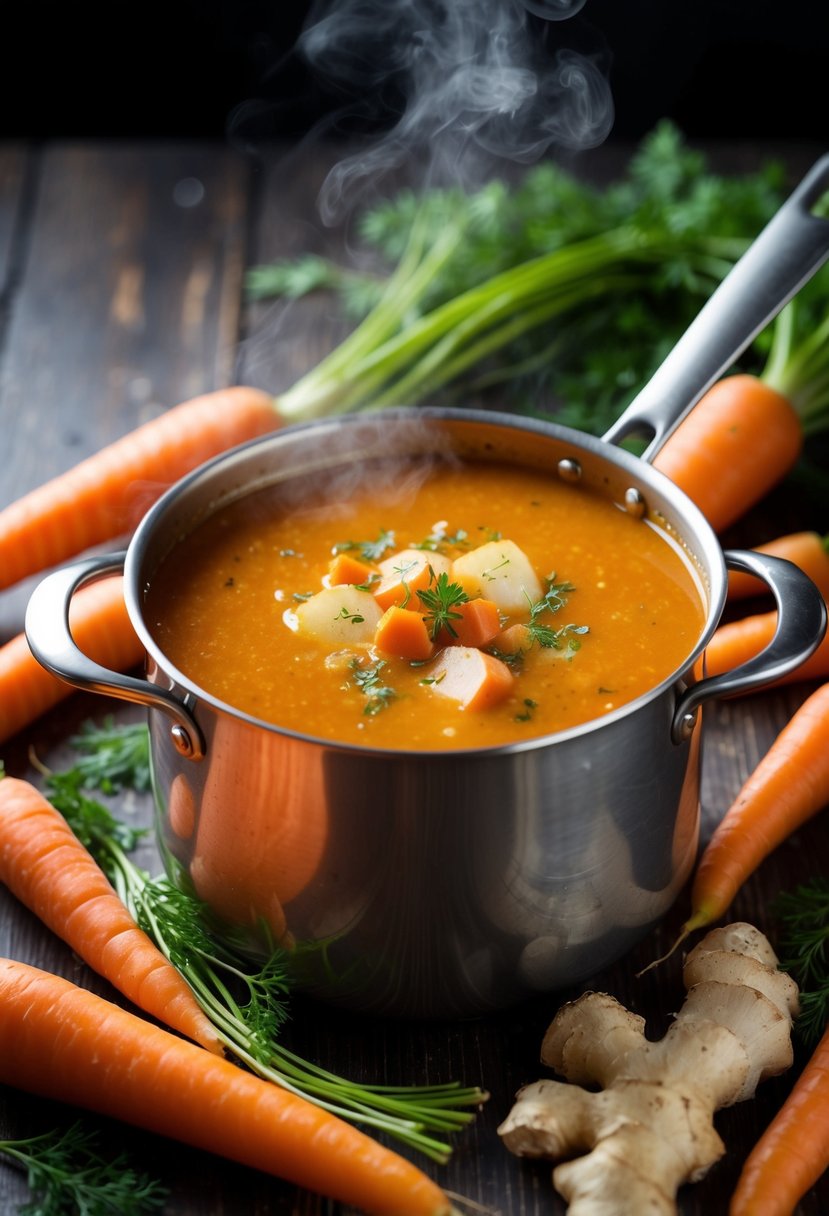 A steaming pot of carrot soup with ginger, surrounded by fresh carrots, ginger root, and a sprinkle of herbs