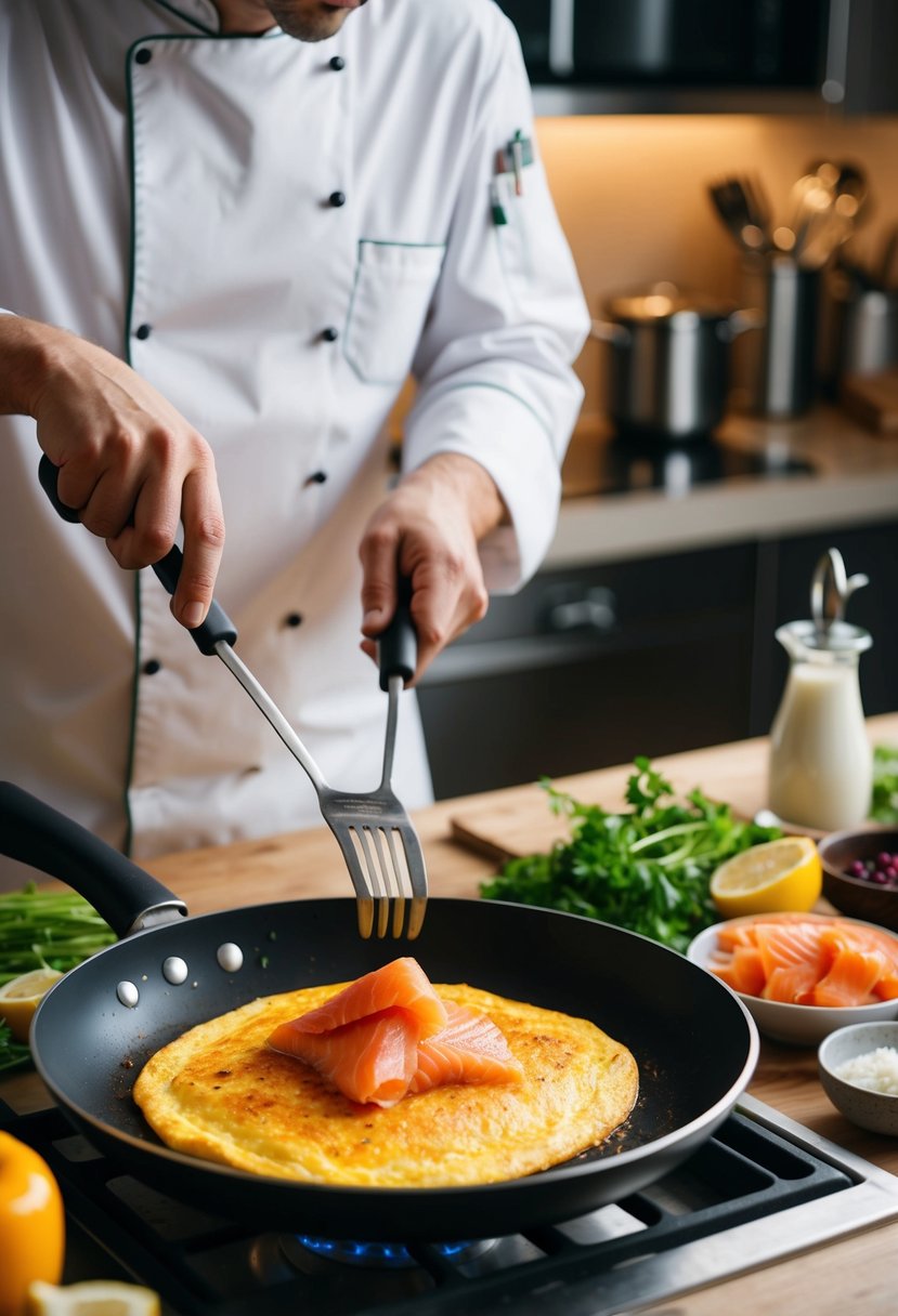 A chef prepares a smoked salmon omelette in a sizzling pan, surrounded by fresh ingredients and kitchen utensils