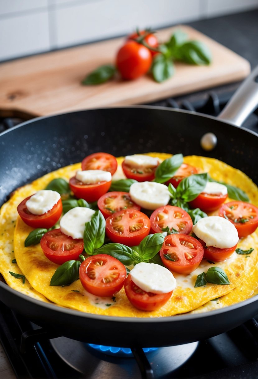 A sizzling omelette filled with juicy tomatoes, fresh basil, and creamy mozzarella cheese, cooking in a non-stick skillet on a stovetop