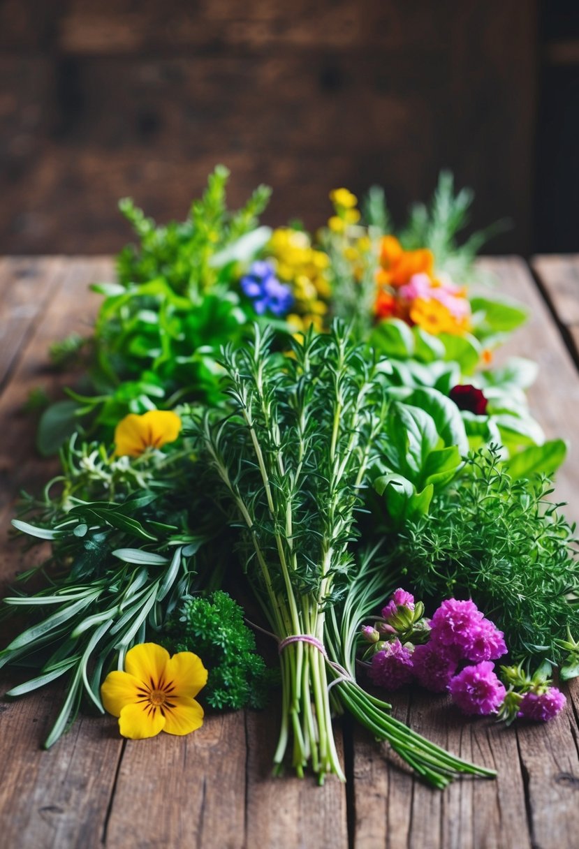 A colorful array of fresh spring herbs and edible flowers arranged on a rustic wooden table