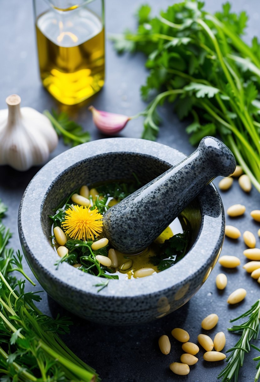 A mortar and pestle crushing dandelion greens with olive oil and garlic, surrounded by fresh herbs and pine nuts