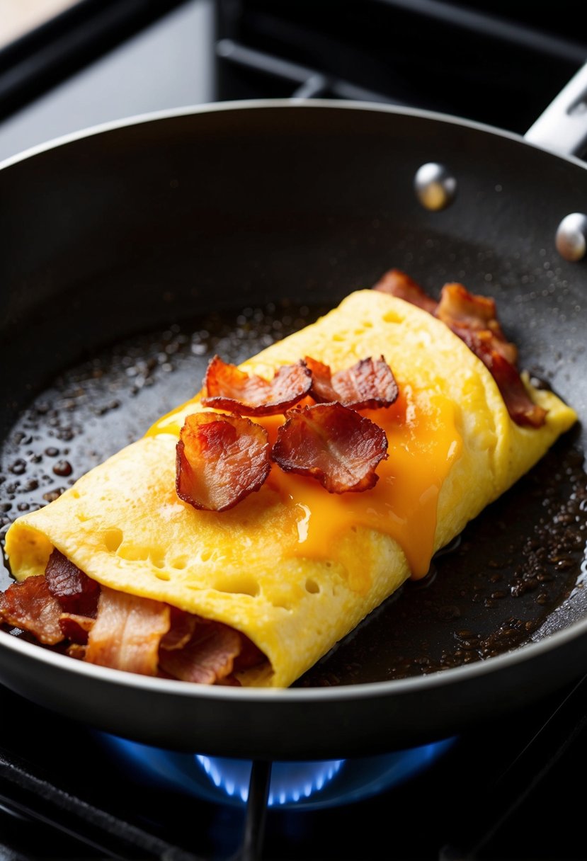 A sizzling pan with a golden-brown omelette filled with crispy bacon and melted cheddar cheese