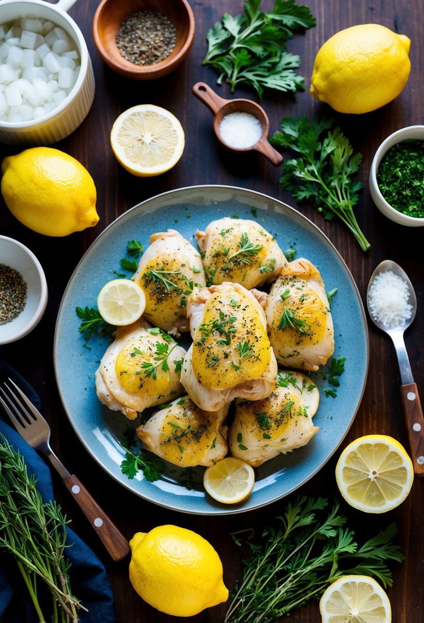 A platter of lemon and herb chicken surrounded by fresh ingredients and cooking utensils