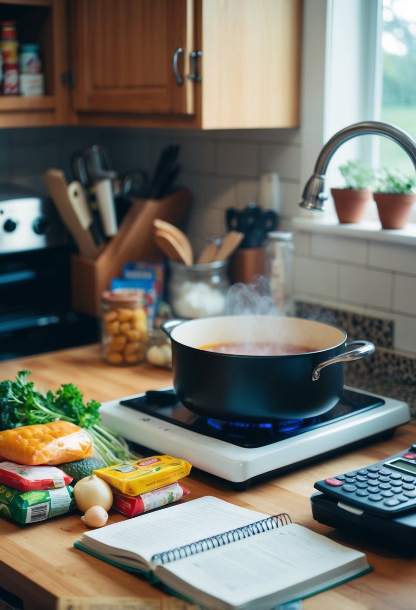 A cluttered kitchen counter with assorted groceries, a cookbook, and a calculator. A pot simmering on the stove