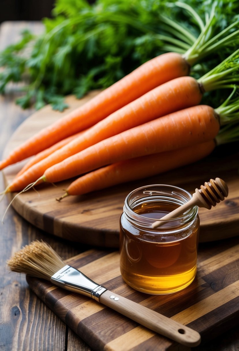 A wooden cutting board with a bunch of fresh carrots, a jar of honey, and a brush for glazing