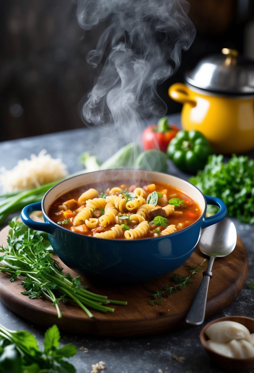 A steaming pot of Pasta Fagioli Soup surrounded by fresh vegetables and herbs on a rustic kitchen counter