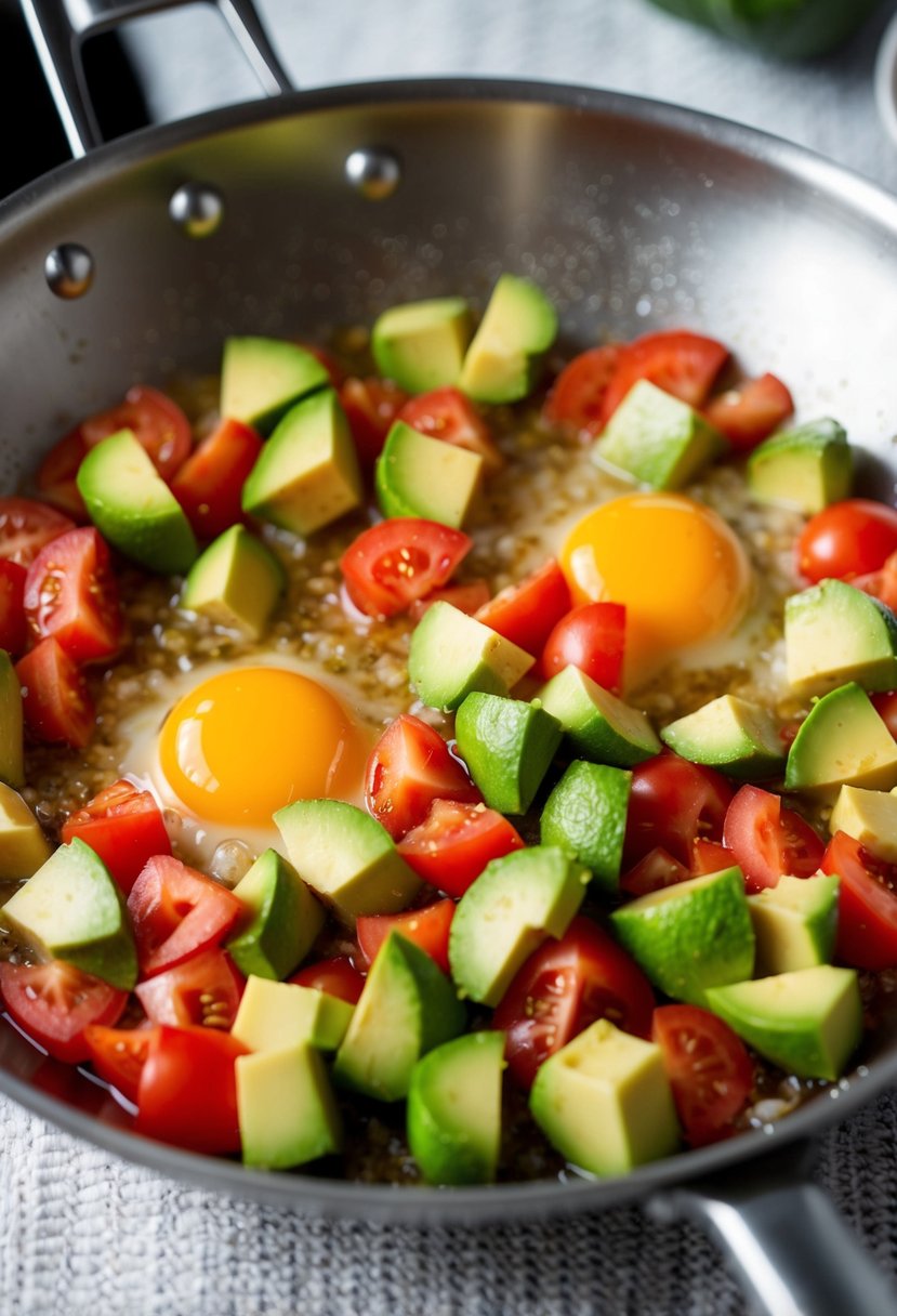 A sizzling pan with diced avocado and tomato cooking in eggs