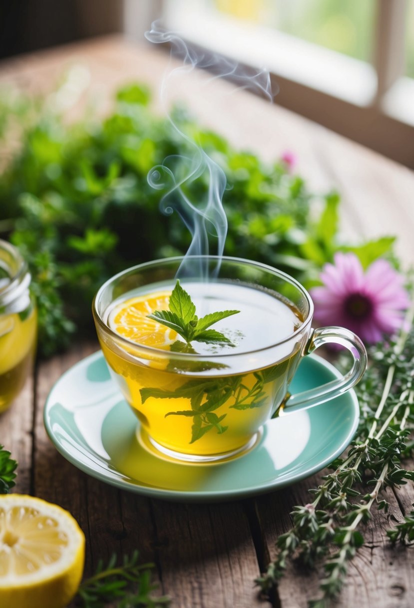 A steaming cup of lemon verbena tea sits on a rustic wooden table, surrounded by fresh herbs and flowers, with a soft glow of sunlight streaming in