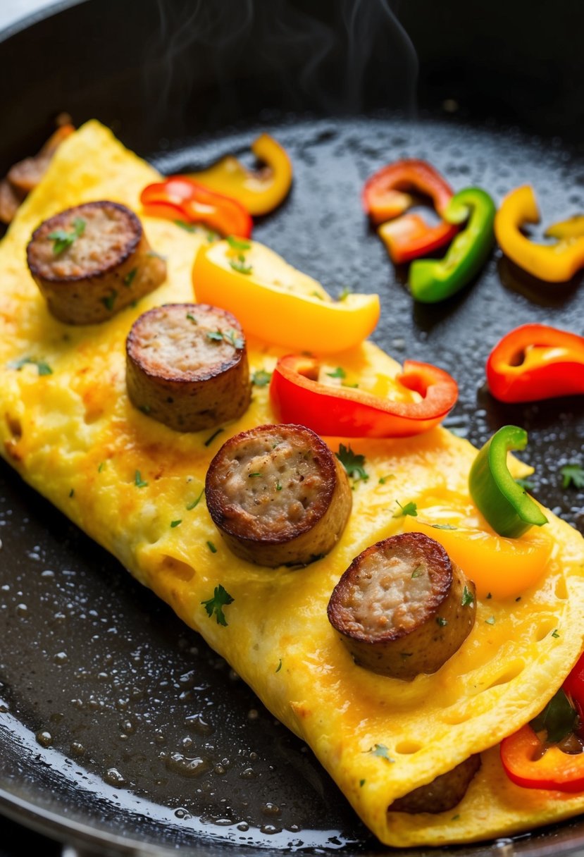 A sizzling omelette filled with chunks of sausage and colorful peppers cooking in a hot, greased skillet