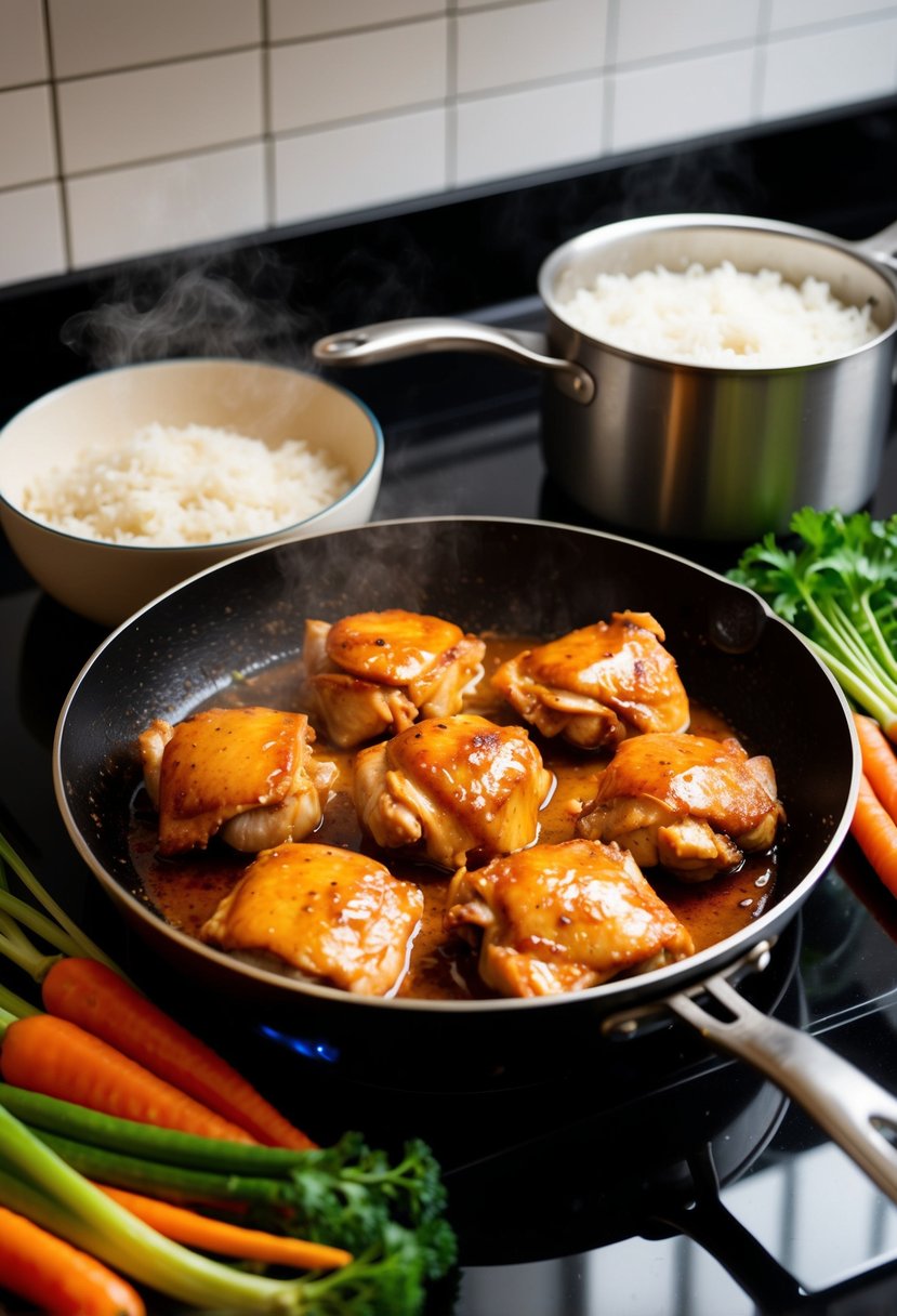 A sizzling skillet with teriyaki chicken thighs, surrounded by colorful vegetables and a steaming pot of rice on a kitchen counter