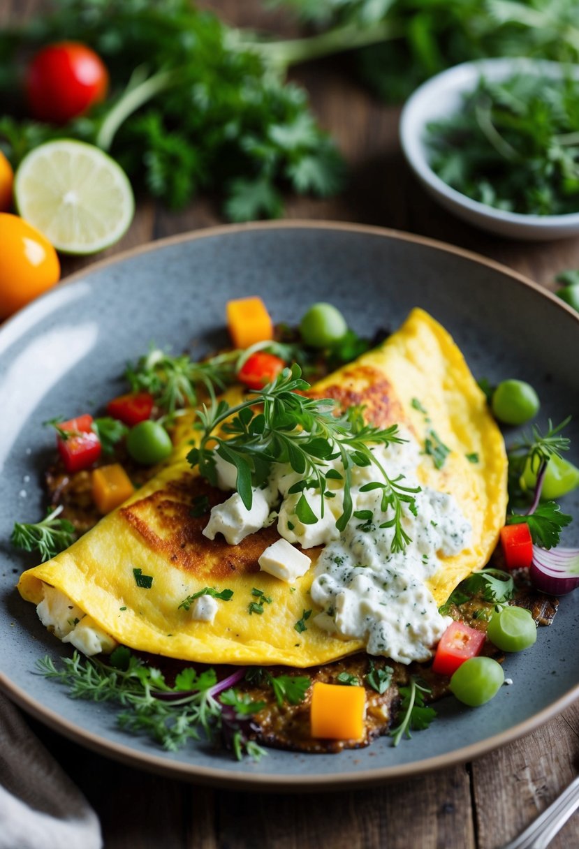 A sizzling omelette with creamy herbed goat cheese, surrounded by fresh herbs and colorful vegetables on a rustic plate