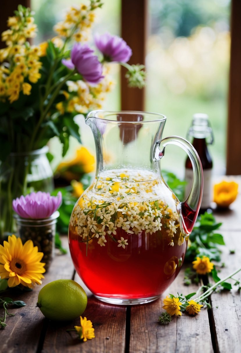 A glass pitcher filled with elderflower cordial surrounded by blooming flowers and fresh ingredients on a wooden table