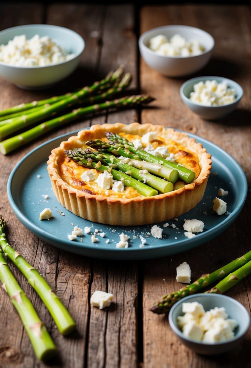 A golden-brown asparagus and feta tart sits on a rustic wooden table, surrounded by fresh asparagus spears and crumbled feta cheese