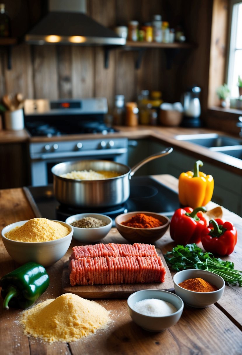 A rustic kitchen with ingredients like cornmeal, ground beef, peppers, and spices laid out on a wooden table. A pot simmers on the stove