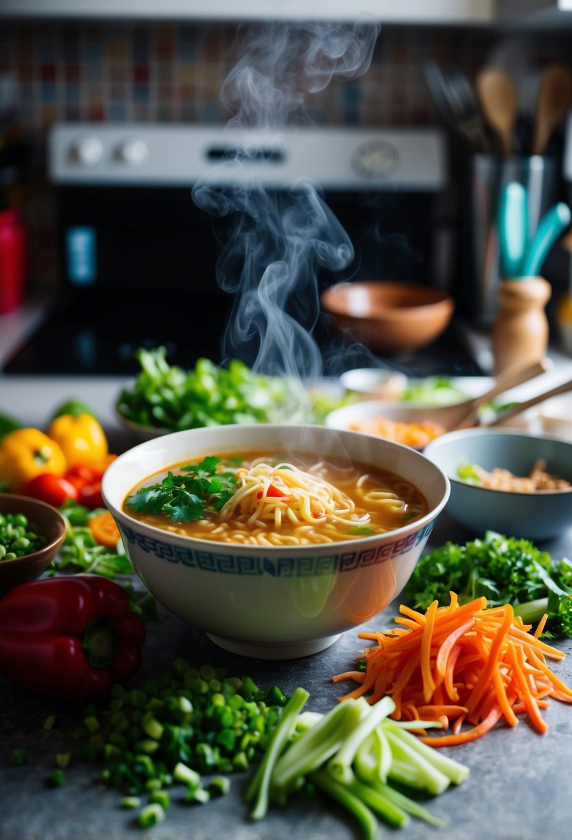 A steaming bowl of instant ramen surrounded by colorful, freshly chopped vegetables on a cluttered kitchen counter