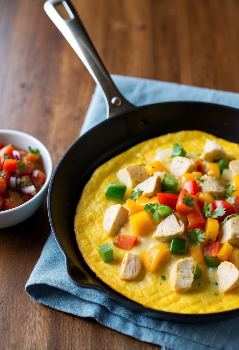 A sizzling skillet holds a golden omelette filled with chunks of tender chicken, colorful bell peppers, and melted cheese, accompanied by a side of fresh salsa