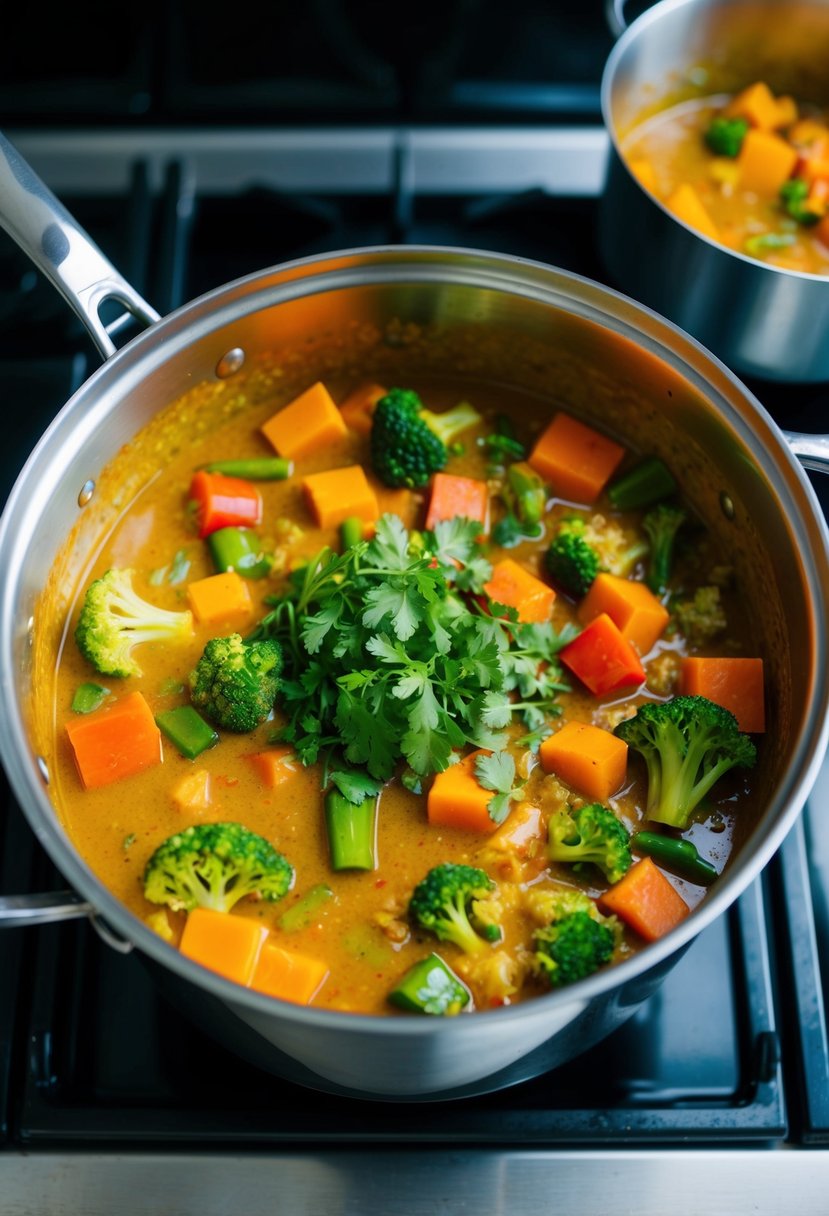 A colorful array of fresh vegetables simmering in a fragrant curry sauce in a large pot over a stovetop