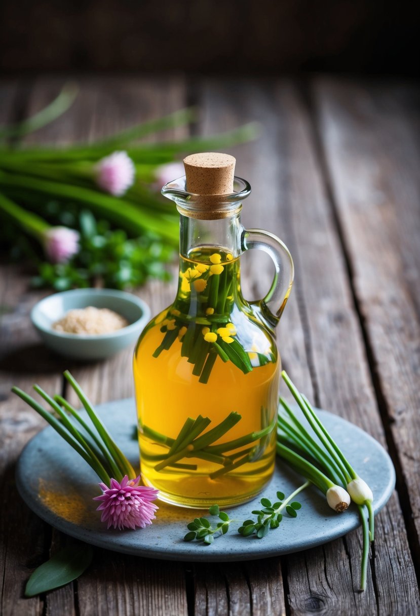 A glass bottle of chive blossom vinegar sits on a rustic wooden table, surrounded by fresh chive blossoms and a sprig of greenery