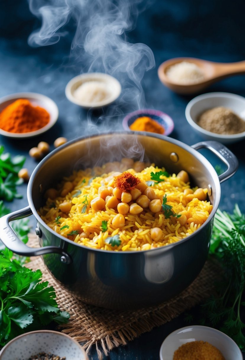 A steaming pot of saffron rice and chickpeas, surrounded by colorful spices and fresh herbs