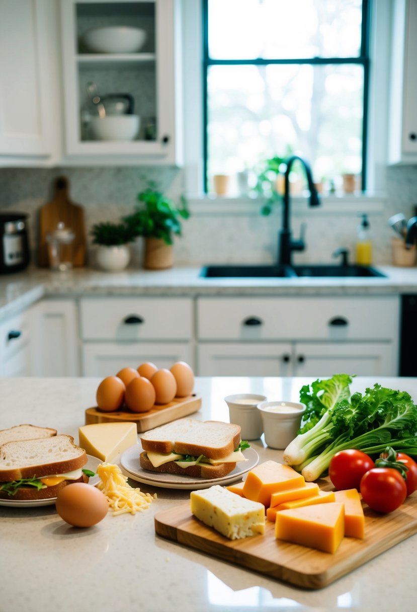 A kitchen counter with ingredients like eggs, bread, cheese, and vegetables laid out for making budget-friendly egg sandwiches