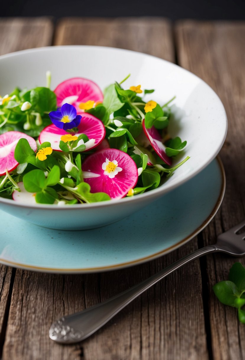 A vibrant bowl of radish and watercress salad, adorned with edible flowers and drizzled with a light vinaigrette, sits on a rustic wooden table