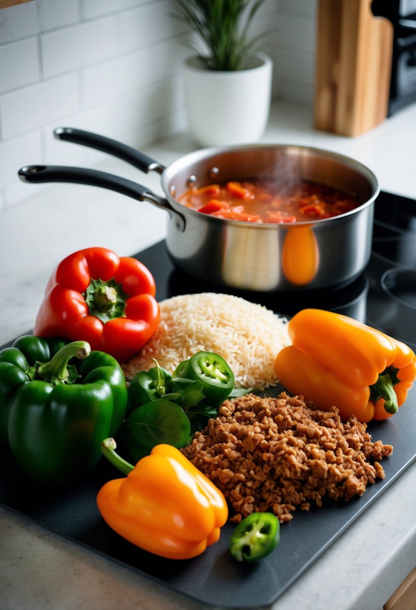 Fresh bell peppers, rice, ground meat, and tomatoes sit on a kitchen counter. A pot simmers on the stove. A budget-friendly meal in the making