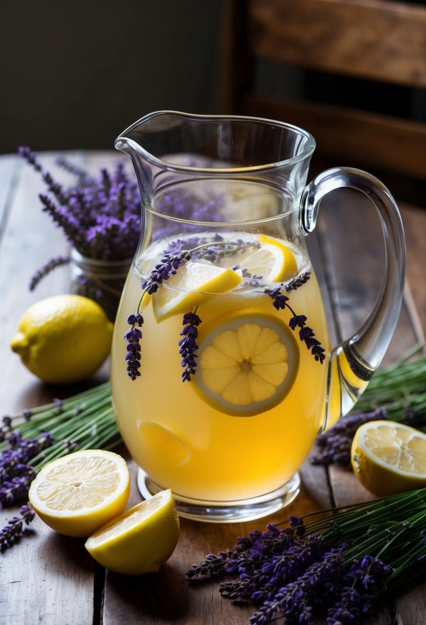 A pitcher of honey-lavender lemonade surrounded by fresh lavender sprigs and slices of lemon on a wooden table