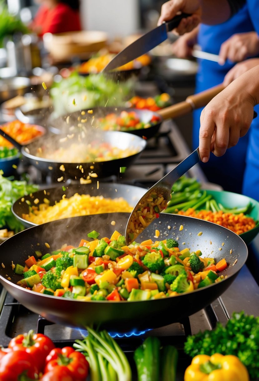 A colorful array of fresh vegetables being chopped, sizzling in a wok, and tossed together with savory sauces in a bustling kitchen