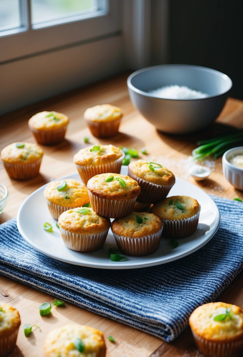 A wooden table with a plate of freshly baked spring onion and cheese muffins, surrounded by scattered ingredients and a mixing bowl. Sunlight streams through a nearby window, casting a warm glow over the scene