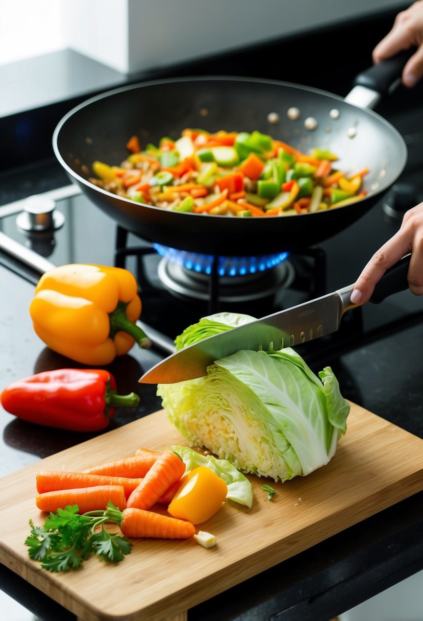 Fresh cabbage, carrots, and bell peppers being chopped on a wooden cutting board, while a sizzling wok of stir fry cooks on a stovetop