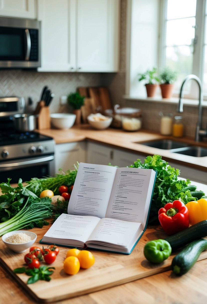 A cluttered kitchen counter with fresh ingredients, a cutting board, and a simple recipe book open to a page with easy instructions