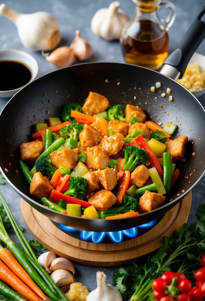 A sizzling wok filled with colorful vegetables and chunks of chicken, surrounded by an array of fresh ingredients like soy sauce, garlic, and ginger