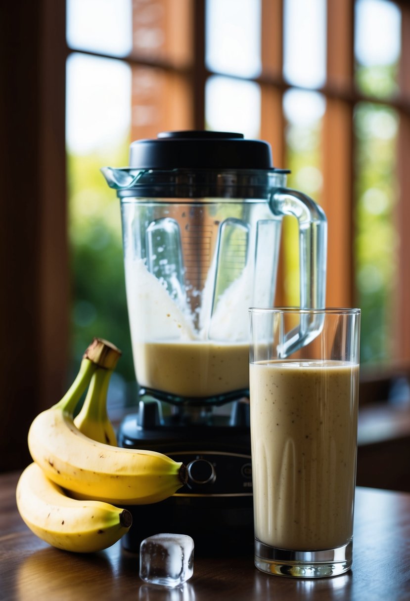 A ripe banana, a blender, ice cubes, and a glass filled with a creamy, smooth banana smoothie