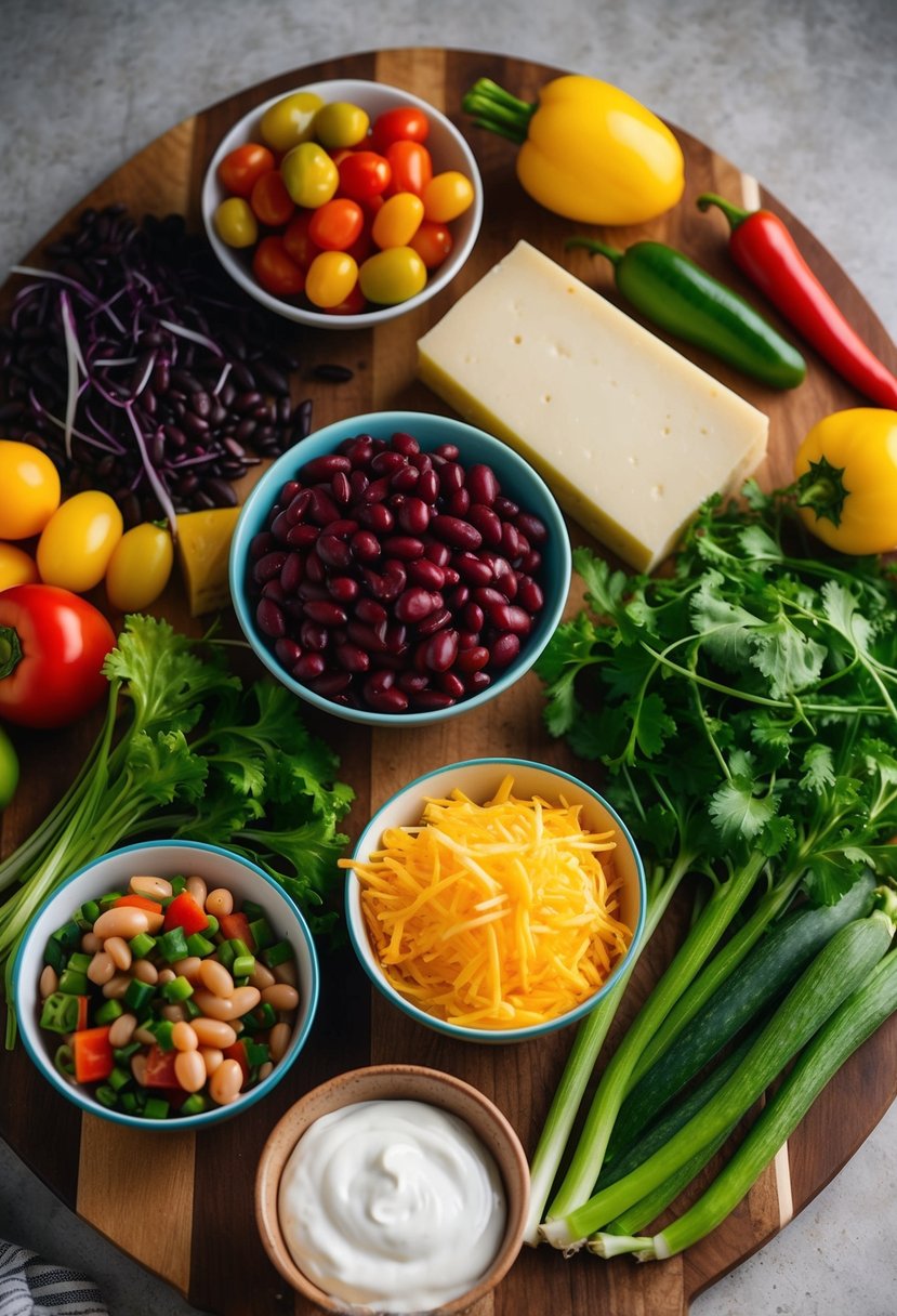 A colorful array of fresh ingredients laid out on a wooden cutting board, including beans, cheese, tortillas, and assorted vegetables