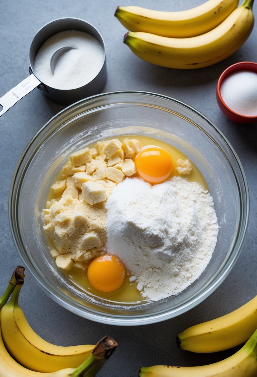 A mixing bowl with ripe bananas, flour, sugar, and eggs, surrounded by a measuring cup and spoon, ready to be combined into classic banana bread