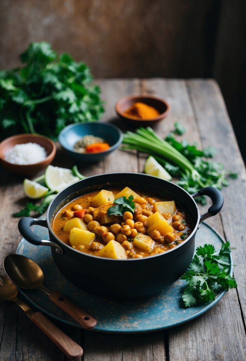 A rustic kitchen with a bubbling pot of potato and chickpea curry, surrounded by fresh vegetables and spices on a weathered wooden table