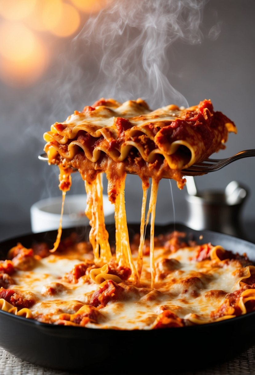 A steaming hot pan of cheesy lasagna, fresh out of the oven, with layers of pasta, rich tomato sauce, and gooey melted cheese