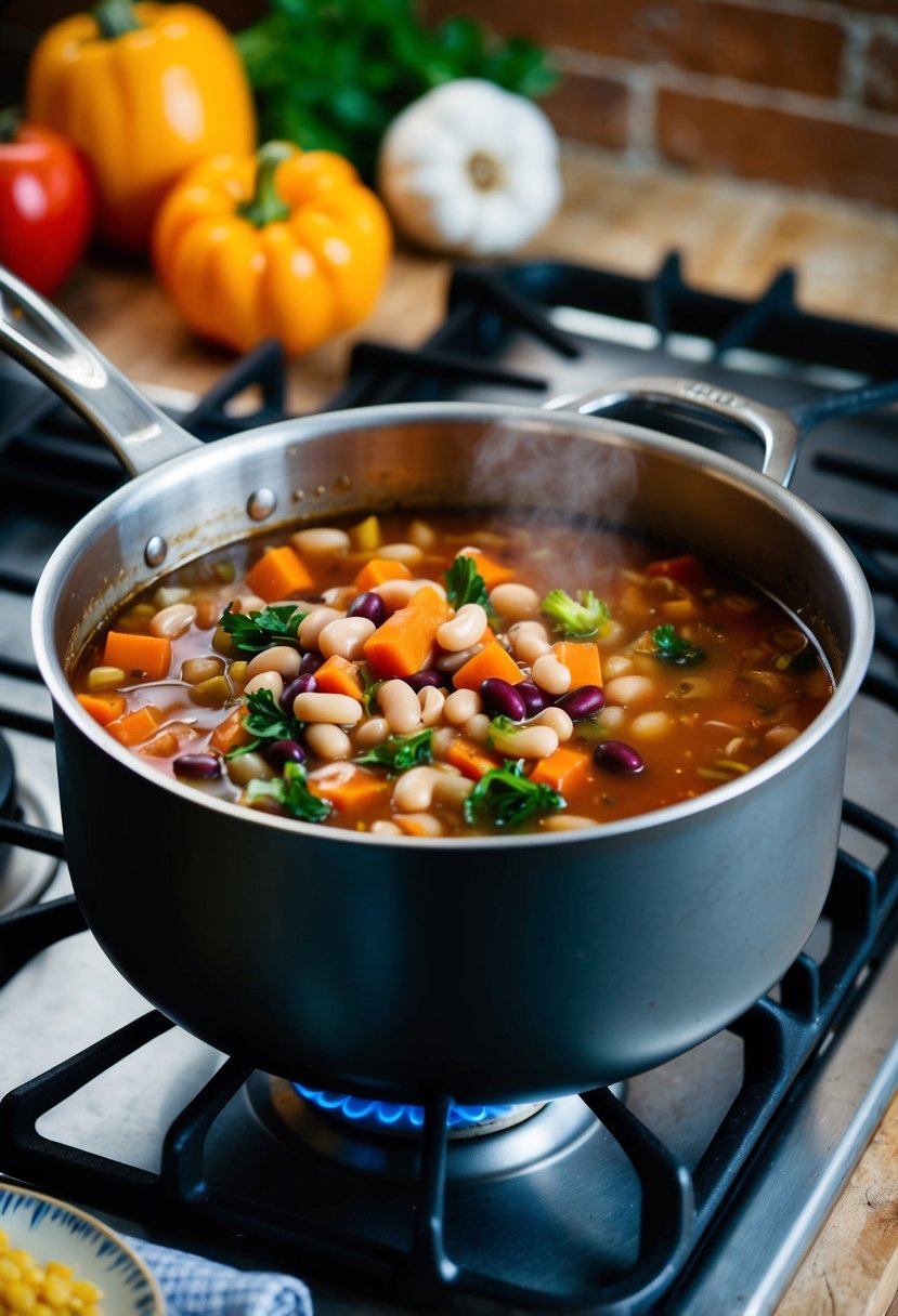 A rustic kitchen with a pot simmering on the stove, filled with colorful vegetables and beans for making minestrone soup. A budget-friendly meal