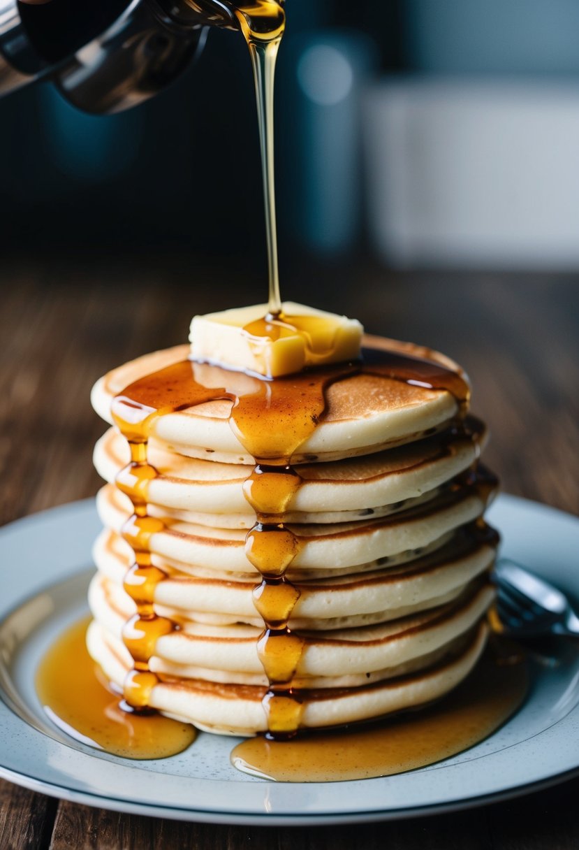 A stack of fluffy pancakes on a plate, drizzled with syrup and topped with a pat of melting butter