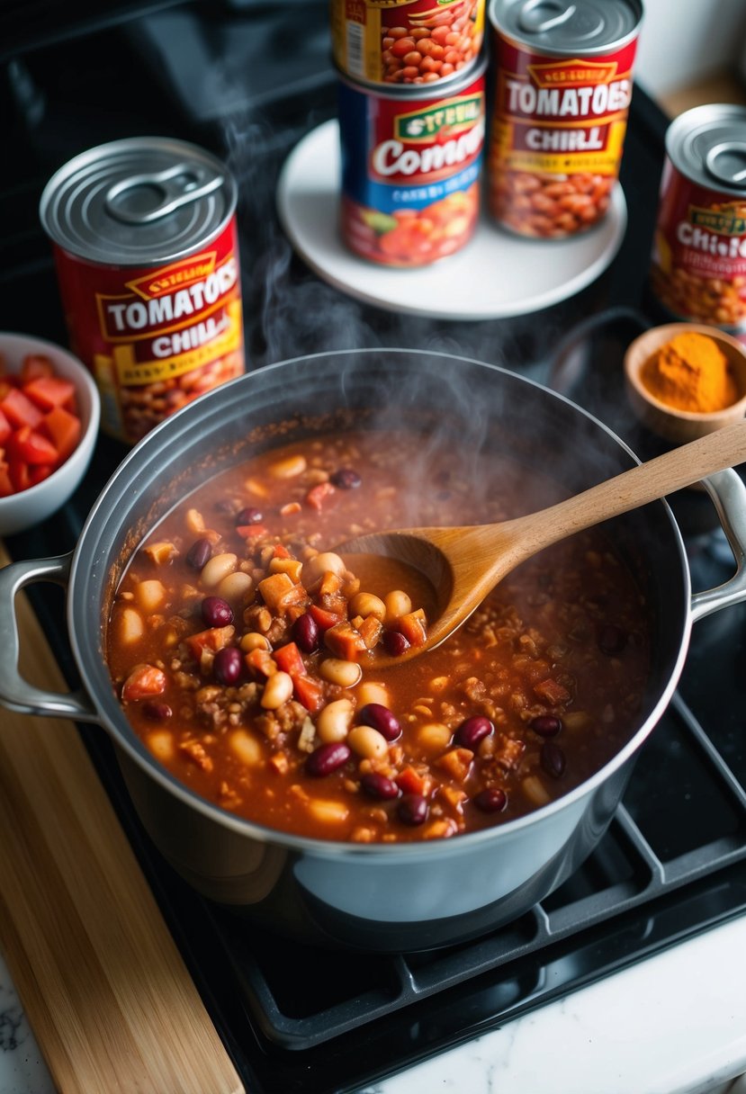 A steaming pot of chili simmering on a stovetop, surrounded by cans of beans, diced tomatoes, and spices. A wooden spoon rests on the edge of the pot