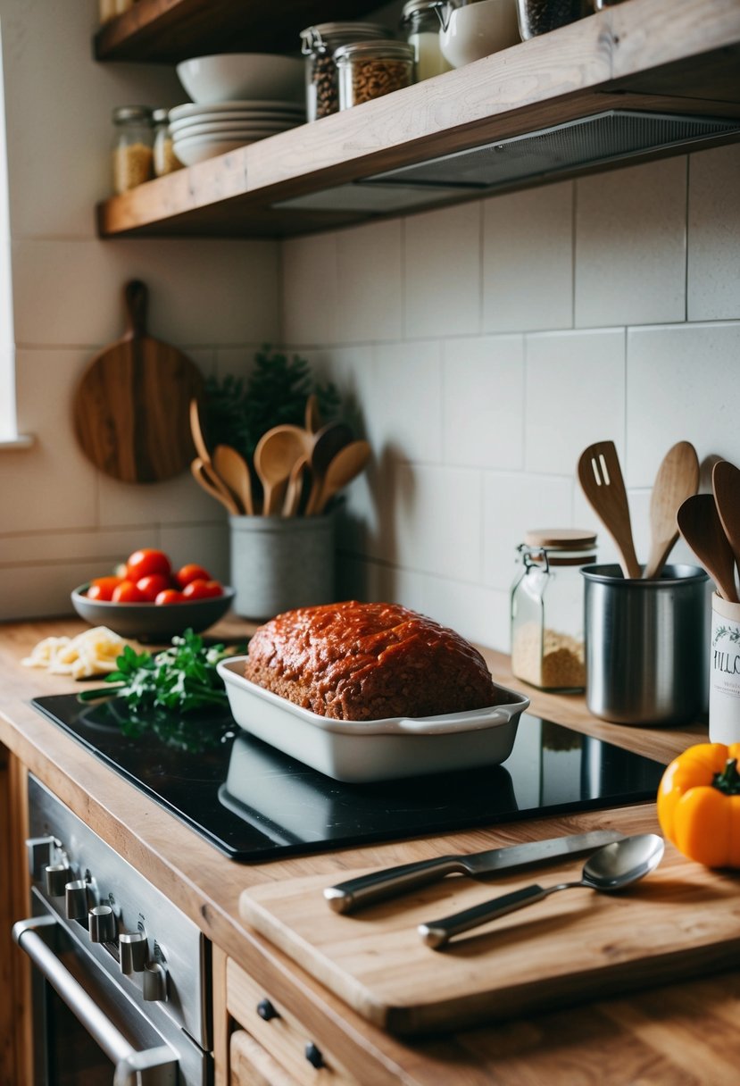 A rustic kitchen counter with ingredients and utensils for making homestyle meatloaf