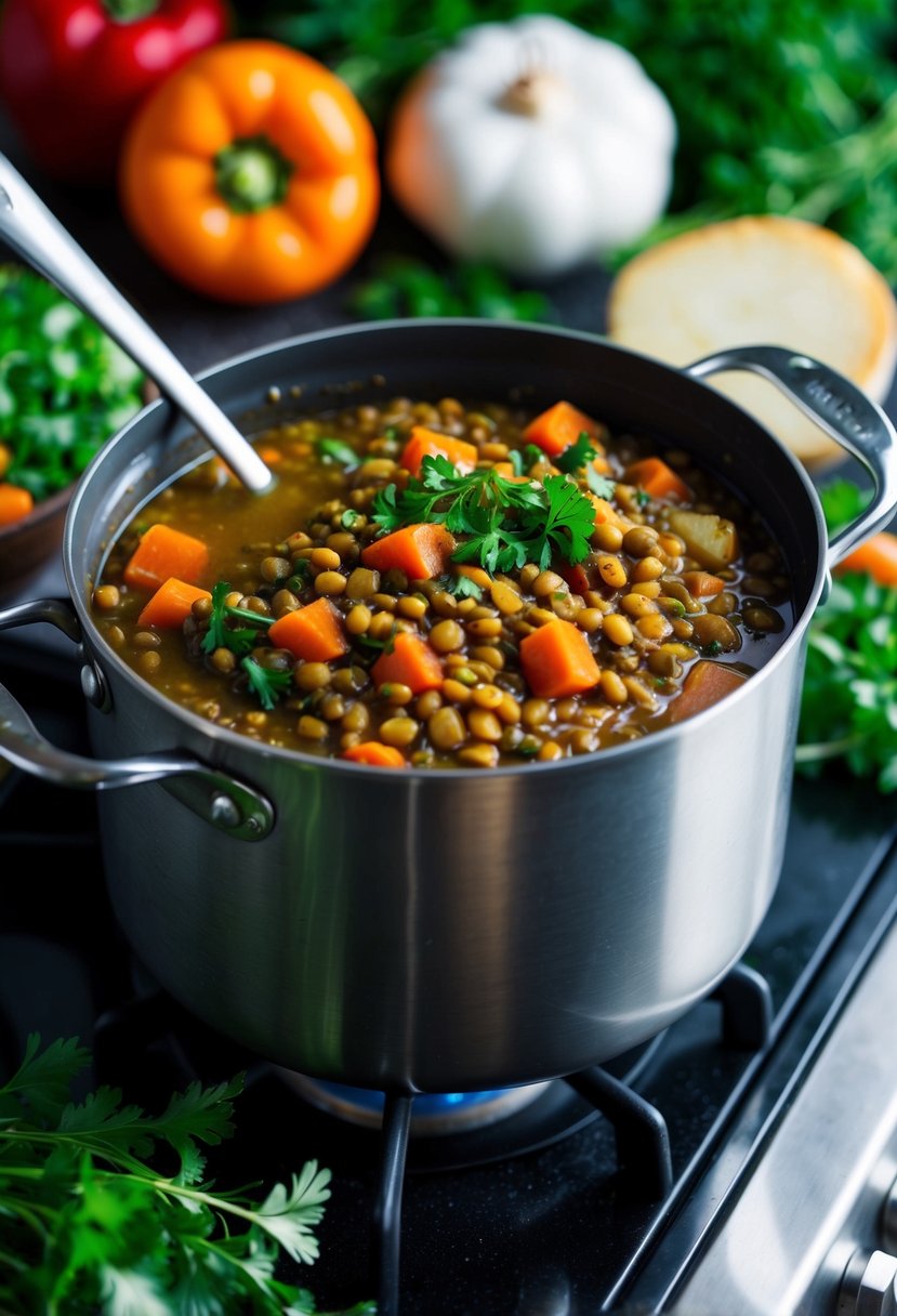 A pot of hearty lentil stew simmering on a stovetop, surrounded by fresh vegetables and herbs