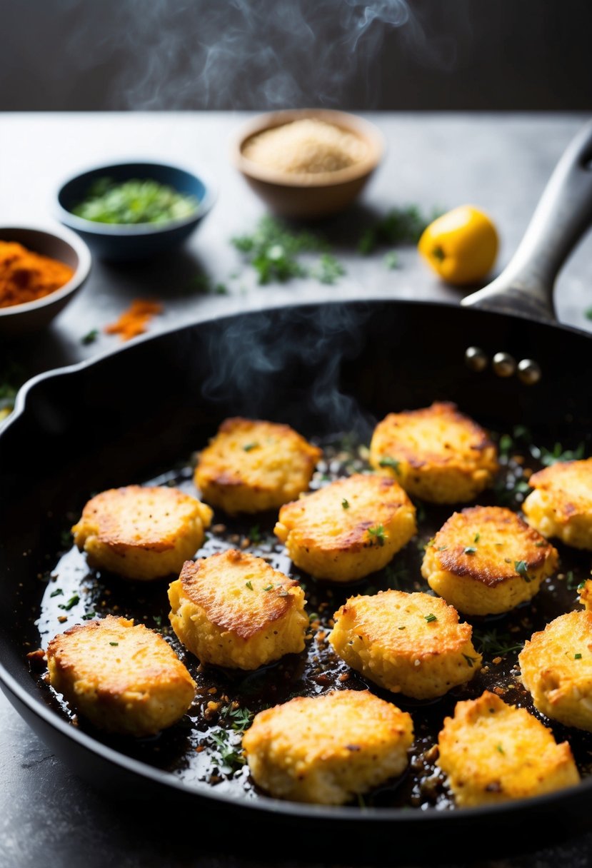 Golden-brown chicken goujons sizzling in a hot skillet, surrounded by colorful herbs and spices