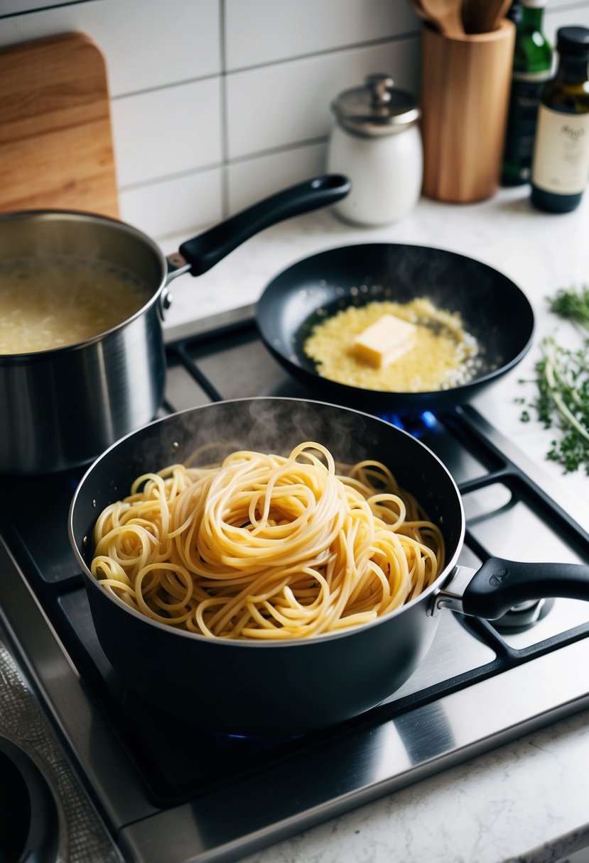 A pot of boiling pasta, a pan with sizzling garlic and butter, and a sprinkle of herbs on a budget-friendly kitchen counter